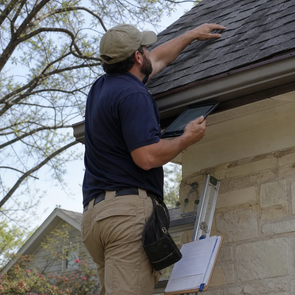 Roofing professional using tablet during residential roof inspection