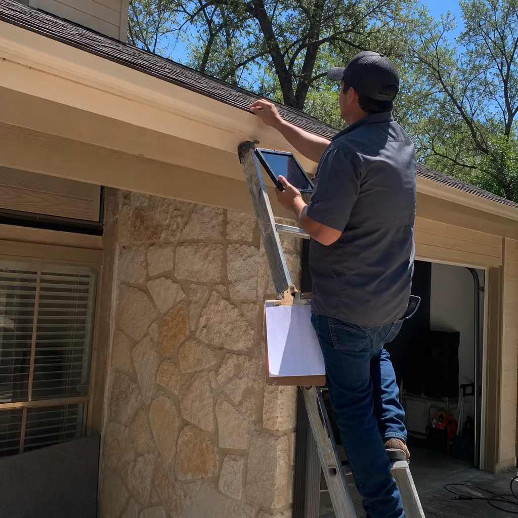 Roofing contractor inspecting a residential roof while using a digital tablet