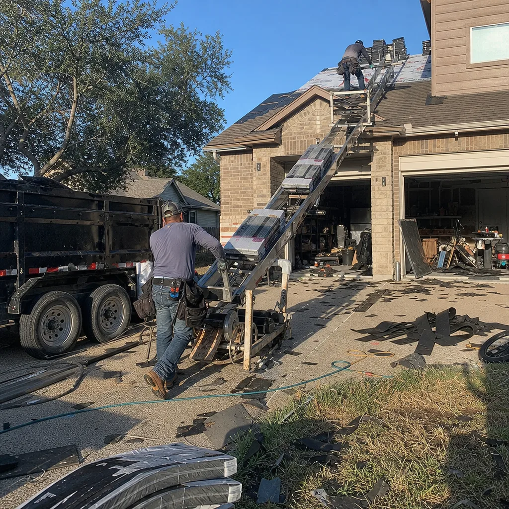 Roofers using a shingle conveyor lift to install new roof tiles